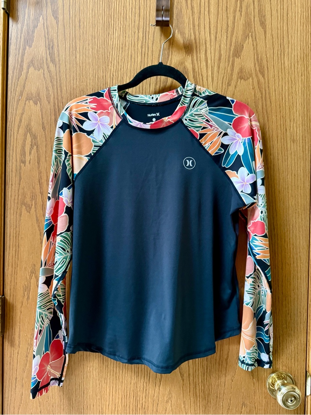 Hurley Black Rash Guard with Tropical Floral Sleeves